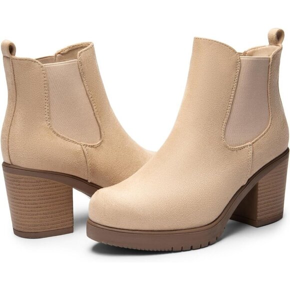 DREAM PAIRS Women's High Chunky Heel Nude-suede Ankle Boots - Picture 3 of 5